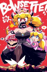 Rule 34 | 1boy, 2girls, absurdres, armlet, black dress, blonde hair, bowsette, breasts, breath weapon, breathing fire, carrying, carrying under arm, character name, cleavage, collar, crown, dress, earrings, facial hair, fire, hat, heart, highres, horns, jewelry, large breasts, long hair, looking at another, looking at viewer, mario, mario (series), medium breasts, multiple girls, mustache, new super mario bros. u deluxe, nintendo, open mouth, pointy ears, princess peach, rariatto (ganguri), red background, red eyes, red headwear, sharp teeth, sphere earrings, spiked armlet, spiked collar, spiked tail, spikes, spoken heart, spoken squiggle, squiggle, strapless, strapless dress, super crown, tail, teeth, thighhighs