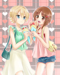 Rule 34 | backpack, bag, blonde hair, blue eyes, blue shorts, braid, brown eyes, brown hair, carrying, casual, closed mouth, commentary, darjeeling (girls und panzer), food, food on face, frilled shirt, frills, frown, girls und panzer, green shirt, hair ornament, hairclip, handbag, heart, heart background, heart hair ornament, holding, holding food, jewelry, looking at viewer, medium skirt, necklace, nishizumi miho, open mouth, parfait, pink shirt, plaid, plaid background, rurikoke, shirt, short hair, short shorts, shorts, side-by-side, skirt, sleeveless, sleeveless shirt, smile, standing, tank top, white skirt, wiping face, yuri