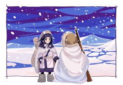 Rule 34 | 1boy, 1girl, ainu, ainu clothes, arisaka, asirpa, bandana, black hair, black pants, blue bandana, blue eyes, bolt action, boots, brown headwear, cape, closed mouth, da ning (llemonyyyy), facing viewer, framed, from behind, fur cape, golden kamuy, grey footwear, gun, hat, highres, holding hands, hood, hood down, hooded cape, imperial japanese army, long hair, long sleeves, looking at another, military, military uniform, ogata hyakunosuke, outdoors, over shoulder, pants, rifle, sitting, snow, snowflakes, standing, uniform, weapon, weapon over shoulder, white cape, winter