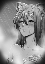 Rule 34 | 1girl, absurdres, animal ear fluff, animal ears, arknights, blush, breasts, bust cup, cat ears, cleavage, collarbone, completely nude, greyscale, hand on own chest, highres, large breasts, long hair, monochrome, nude, out-of-frame censoring, parted lips, saikre, schwarz (arknights), showering, smile, solo, upper body, water