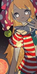 Rule 34 | 1girl, blonde hair, closed mouth, clownpiece, commentary request, grey eyes, highres, long hair, looking down, moon, moonlight, neck ruff, neruzou, recolored, shadow, short sleeves, smile, solo, standing, striped, sun, teeth, touhou
