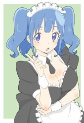 Rule 34 | 1girl, :o, absurdres, apron, bad id, bad twitter id, black dress, blue hair, breasts, cleavage, detached collar, donguri suzume, dress, green background, hand up, highres, index finger raised, looking at viewer, maid, maid apron, maid headdress, necktie, original, parted lips, puffy short sleeves, puffy sleeves, purple eyes, short hair, short sleeves, simple background, solo, twintails, waist apron, white apron, wing collar, wrist cuffs