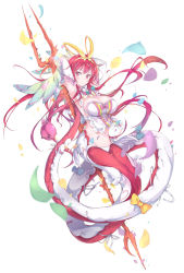 Rule 34 | 1girl, arms up, bow, breasts, cleavage, closed mouth, detached collar, fins, fish girl, fish tail, hair ribbon, highres, holding, holding behind back, holding weapon, kyouiki no ars magna, large breasts, long hair, looking at viewer, navel, holding behind back, petals, polearm, pulp piroshi, red eyes, red hair, ribbon, simple background, smile, solo, tail, trident, weapon, white background, white sleeves, yellow bow, yellow ribbon