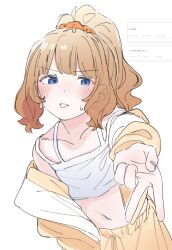 Rule 34 | 1girl, absurdres, ahoge, alternate hair length, alternate hairstyle, blue eyes, blush, brown hair, collarbone, commentary request, cowboy shot, crop top, flat chest, hair ornament, hair scrunchie, highres, idolmaster, idolmaster million live!, jacket, long hair, long sleeves, looking at viewer, meeeeeeco359, navel, open clothes, open jacket, orange scrunchie, pants, ponytail, scrunchie, shirt, sidelocks, solo, stomach, suou momoko, sweat, tongue, tongue out, translation request, v, v-shaped eyebrows, wavy hair, white background, white shirt, yellow jacket, yellow pants