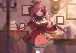 Rule 34 | 1girl, book, book stack, breasts, chest of drawers, cleavage, clock, commentary request, dress, gloves, hand on own chin, hand up, hat, heterochromia, hololive, houshou marine, indoors, long hair, looking at viewer, mikami nacaba, picture frame, red dress, red eyes, red hair, see-through, see-through cleavage, smile, solo, standing, sunlight, twintails, very long hair, virtual youtuber, yellow eyes