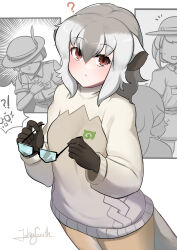 Rule 34 | 2girls, animal ears, blush, breasts, captain (kemono friends), clutching chest, extra ears, unworn eyewear, glasses, gloves, grey hair, hat feather, heart attack, highres, holding, holding removed eyewear, japari symbol, john (a2556349), kemono friends, kemono friends 3, long sleeves, looking at another, medium breasts, meerkat (kemono friends), meerkat ears, meerkat tail, multicolored hair, multiple girls, red eyes, shirt, short hair, short sleeves, so moe i&#039;m gonna die!, sweater, tail, two-tone hair, white hair