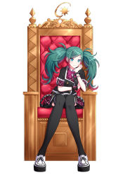 Rule 34 | 1girl, absurdres, aqua eyes, aqua hair, black shirt, black thighhighs, closed mouth, commentary, elbow rest, full body, gradient hair, hatsune miku, head rest, highres, itogari, leo/need miku, light smile, long hair, looking at viewer, messy hair, miniskirt, multicolored hair, official alternate costume, project sekai, red hair, shirt, short sleeves, simple background, sitting, skirt, solo, straight-on, thighhighs, throne, twintails, vocaloid, white background, white footwear