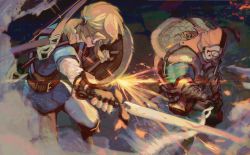 Rule 34 | 2boys, armor, battle, blonde hair, bodystocking, boots, bow (weapon), dust, earrings, fingerless gloves, from above, gauntlets, gloves, holding, holding shield, holding sword, holding weapon, jewelry, jumping, lens flare, link, looking at another, mask, motion blur, multiple boys, nintendo, ponytail, sheath, shield, shiimo, short sleeves, sparks, sword, the legend of zelda, the legend of zelda: breath of the wild, tunic, weapon, weapon on back, yiga clan blademaster