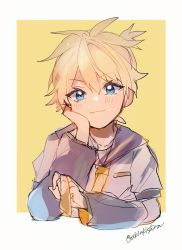 Rule 34 | 1boy, :3, androgynous, blonde hair, blue eyes, chiro (chi-bu-ko), collared shirt, head rest, headphones, highres, kagamine len, looking at viewer, multicolored background, pale skin, shirt, solo, vocaloid, white background, yellow background