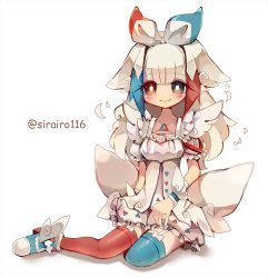 Rule 34 | 1girl, artist name, asymmetrical legwear, back bow, blue footwear, blue hair, blue thighhighs, blunt bangs, bow, breasts, bright pupils, brown eyes, closed mouth, creatures (company), dress, female focus, frilled dress, frilled sleeves, frills, full body, game freak, garter straps, gen 4 pokemon, hair flaps, hairband, happy, legs, long hair, looking at viewer, mismatched legwear, multicolored hair, nintendo, personification, pokemon, puffy short sleeves, puffy sleeves, red hair, red thighhighs, shira (sirairo116), shoes, short dress, short sleeves, sidelocks, simple background, sitting, small breasts, smile, solo, thighhighs, togekiss, twitter username, watermark, white background, white bow, white dress, white hair, white hairband, white pupils, winged footwear, wrist cuffs