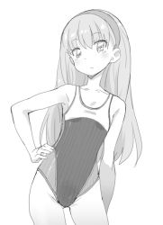 Rule 34 | 1girl, character request, competition swimsuit, cowboy shot, flat chest, gluteal fold, greyscale, hairband, hand on own hip, leaning to the side, long hair, monochrome, multicolored clothes, multicolored swimsuit, one-piece swimsuit, ookamiuo, simple background, solo, swimsuit