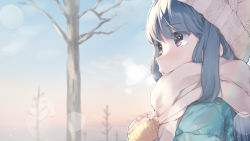 Rule 34 | 1girl, bare tree, beanie, blue hair, blue jacket, blue sky, blush, breath, cloud, day, grey hat, hands up, hat, highres, jacket, long hair, long sleeves, looking away, outdoors, own hands together, parted lips, purple eyes, ringosutta, scarf, shima rin, sky, sleeves past wrists, solo, tree, white scarf, yurucamp