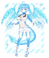 Rule 34 | 1girl, ahoge, bare shoulders, blue background, blue eyes, blue hair, blue wings, boots, breasts, closed mouth, commission, copyright request, diagonal stripes, dragon girl, dragon tail, dragon wings, fins, full body, gloves, green eyes, head fins, highres, long hair, looking at viewer, medium breasts, navel, scales, shikito (yawa0w0), short shorts, shorts, skeb commission, smile, solo, standing, striped, striped background, tail, twintails, two-tone background, very long hair, white background, white footwear, white gloves, white shorts, wings