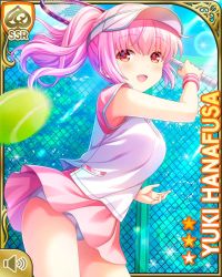 Rule 34 | 1girl, :d, ball, braid, braided ponytail, breasts, card (medium), earrings, girlfriend (kari), hanafusa yuki, jewelry, official art, open mouth, outdoors, pink hair, pink skirt, ponytail, qp:flapper, racket, red eyes, shirt, skirt, smile, solo, standing, tagme, tennis, tennis ball, tennis court, tennis net, tennis racket, white footwear, white headwear, white shirt