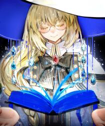 Rule 34 | 1girl, black bow, blonde hair, book, bow, braid, closed eyes, diandao qin, fate/grand order, fate (series), floating, floating book, floating object, gem, glasses, hat, highres, long hair, open book, smile, aesc (fate), witch hat