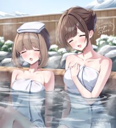 2girls =_= amagi_shino artist_name blush breasts brown_hair closed_eyes collarbone commentary_request hair_bun highres medium_breasts multiple_girls naked_towel onsen open_mouth original partially_submerged receptionist_girl_(amagi_shino) receptionist_kohai_(amagi_shino) short_hair signature single_hair_bun smile towel towel_on_head twitter_username