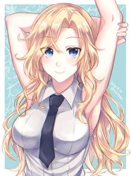 Rule 34 | 1girl, armpits, blonde hair, blue eyes, breasts, closed mouth, collared shirt, dated, hornet (kancolle), kabocha torute, kantai collection, large breasts, long hair, looking at viewer, revision, shirt, sleeveless, sleeveless shirt, smile, solo, twitter username, upper body, white shirt