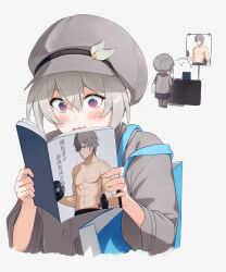 1girl @_@ alternate_costume auui black_pantyhose black_skirt blue_eyes blush book caelus_(honkai:_star_rail) coat collarbone commentary_request dumbbell exercising firefly_(honkai:_star_rail) grey_coat grey_hair grey_hat hat highres holding holding_book holding_dumbbell honkai:_star_rail honkai_(series) manga_(object) open_mouth pantyhose purple_eyes reading sidelocks simple_background skirt toned toned_male trailblazer_(honkai:_star_rail) two-tone_eyes white_background white_hair