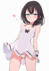 Rule 34 | 1girl, bare arms, bare shoulders, black bow, black hair, blue eyes, blush, bow, breasts, collarbone, commentary request, cowboy shot, dress, gloves, gluteal fold, hair between eyes, heart, heavy breathing, highres, layla (mino), looking at viewer, medium hair, nonono (mino), original, panties, panty pull, parted lips, ringed eyes, short dress, simple background, small breasts, solo, strapless, strapless dress, string panties, sweat, underwear, white background, white dress, white gloves, white panties