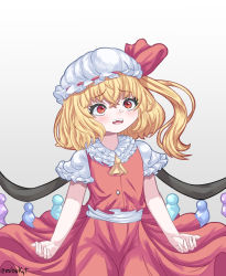 Rule 34 | 1girl, absurdres, blonde hair, fangs, flandre scarlet, frilled shirt collar, frilled sleeves, frills, gradient background, hair between eyes, hat, hat ribbon, highres, looking at viewer, medium hair, mibukyt, mob cap, multicolored wings, open mouth, puffy short sleeves, puffy sleeves, red eyes, red ribbon, red skirt, red vest, ribbon, ribbon-trimmed headwear, ribbon trim, shirt, short sleeves, side ponytail, simple background, skirt, skirt set, solo, teeth, touhou, twitter username, upper teeth only, vest, white background, white hat, white shirt, wings