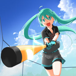 Rule 34 | 1girl, :d, ahoge, aira (exp), baseball bat, belt, bike shorts, bike shorts under shorts, cloud, day, fence, foreshortening, gloves, green eyes, green hair, hatsune miku, highres, long hair, matching hair/eyes, musical note, open mouth, shorts, sky, smile, solo, twintails, very long hair, vocaloid