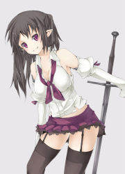 Rule 34 | 1girl, arutoria, bad id, bad pixiv id, bare shoulders, black hair, blush, breasts, cleavage, detached sleeves, garter straps, long hair, miniskirt, open mouth, original, pointy ears, purple eyes, skirt, smile, solo, sword, thighhighs, weapon