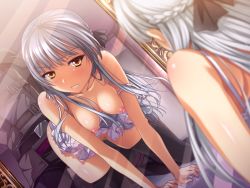 Rule 34 | 1boy, 1girl, all fours, black pants, black thighhighs, blush, braid, breasts, censored, clenched teeth, collarbone, dark lord (game), doggystyle, dress, french braid, game cg, hair ornament, long hair, medium breasts, mirror, mosaic censoring, natsuhiko, nipples, off shoulder, pants, ribbon, sex, sex from behind, shiny skin, short dress, silver hair, sleeveless, sleeveless dress, sofina (dark lord), teeth, thighhighs, white dress, white ribbon, yellow eyes