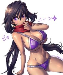 Rule 34 | 10s, 1girl, amania orz, ayame (gundam build divers), bare shoulders, bikini, black hair, blush, breasts, cleavage, cowboy shot, dated, frown, gundam, gundam build divers, hair between eyes, large breasts, long hair, looking at viewer, low twintails, navel, purple bikini, purple eyes, red scarf, scarf, shiny skin, shuriken, simple background, skindentation, solo, sweatdrop, swimsuit, twintails, twitter username, underboob, very long hair, weapon, white background