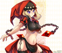 Rule 34 | 1girl, black thighhighs, blonde hair, breasts, chain, crystal, curvy, garter straps, head scarf, hood, killyoh, lace, lace-trimmed legwear, lace trim, large breasts, midriff, navel, odin sphere, outstretched arms, purple eyes, smile, solo, spread arms, thighhighs, velvet (odin sphere)