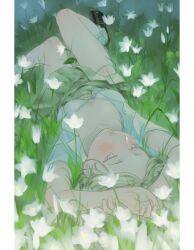 Rule 34 | 1girl, absurdres, arms up, between legs, black footwear, blonde hair, blush, bomhat, bra, collared shirt, eyelashes, field, flower, flower field, foot out of frame, from above, grass, green skirt, green theme, grey hair, half-closed eyes, hand on own wrist, highres, knee up, loafers, lying, miniskirt, nature, on back, on ground, open clothes, open shirt, original, parted bangs, parted lips, pillarboxed, school uniform, shirt, shoes, short sleeves, skirt, socks, solo, underwear, upside-down, white bra, white flower, white shirt, white socks