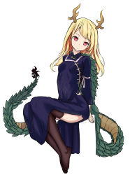 Rule 34 | 1girl, absurdres, alternate costume, antlers, black thighhighs, blonde hair, china dress, chinese clothes, dragon girl, dragon horns, dragon tail, dress, full body, highres, horns, kaoshuzi, kicchou yachie, leaning to the side, long hair, long sleeves, looking at viewer, red eyes, ribbon-trimmed sleeves, ribbon trim, side slit, sitting, solo, tail, thighhighs, touhou, white background