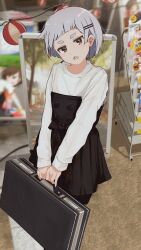 Rule 34 | 1girl, :&lt;, annoyed, black skirt, blunt bangs, blurry, blurry background, bob cut, briefcase, brown eyes, buttons, casual, commentary, depth of field, double-breasted, grey hair, hair ornament, hair strand, hairclip, head tilt, highres, holding, holding briefcase, jitome, katya (servachok), lantern, light blush, long sleeves, looking at viewer, magazine rack, messy hair, open mouth, original, outdoors, own hands together, paper lantern, pleated skirt, russian commentary, servachok, shirt, short eyebrows, short hair, sign, skirt, solo, standing, string of light bulbs, thick eyebrows, v arms, very short hair, white shirt