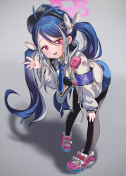 Rule 34 | 1girl, :d, absurdres, ahoge, bent over, black pantyhose, blue archive, blue hair, blush, collared shirt, from above, fubuki (blue archive), full body, grey background, hair ornament, hairclip, hat, highres, jacket, long hair, long sleeves, looking at viewer, multicolored hair, necktie, open mouth, pantyhose, red eyes, shirt, shoes, shorts, shuru y, smile, sneakers, solo, twintails