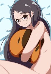 Rule 34 | 1girl, absurdres, akira katsuobu, bed, bed sheet, black hair, blue eyes, closed mouth, commission, dot nose, glasses, highres, hugging doll, hugging object, long hair, looking at viewer, nude, saitou kaede (yama no susume), skeb commission, smile, solo, stuffed toy, yama no susume