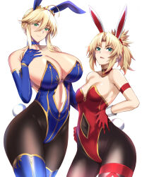 Rule 34 | 2girls, ahoge, animal ears, artoria pendragon (fate), artoria pendragon (lancer) (fate), bare shoulders, blonde hair, blue gloves, blue leotard, blue thighhighs, blush, braid, breasts, brown pantyhose, choker, cleavage, collarbone, covered navel, crown, elbow gloves, fake animal ears, fake tail, fate/apocrypha, fate/grand order, fate (series), french braid, gloves, gold trim, green eyes, hair between eyes, hand on own hip, highleg, highleg leotard, kumakichi (cost-lost), large breasts, leotard, long hair, looking at viewer, mordred (fate), mordred (fate/apocrypha), mother and daughter, multiple girls, open mouth, pantyhose, parted bangs, playboy bunny, ponytail, rabbit ears, rabbit tail, red gloves, red leotard, sidelocks, small breasts, tail, thighhighs, thighs, white background, wrist cuffs