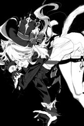 Rule 34 | 1girl, bow, furina (genshin impact), genshin impact, gloves, greyscale, hand up, hat, hat bow, highres, jacket, long hair, long sleeves, looking at viewer, monochrome, nini9275, open mouth, shorts, simple background, smile, solo, thigh strap, top hat, very long hair