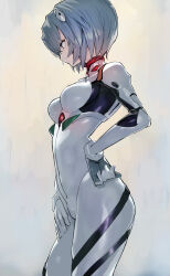 Rule 34 | 1girl, absurdres, ayanami rei, blue hair, bodysuit, breasts, commentary request, gloves, grey theme, hair ornament, highres, interface headset, medium breasts, neon genesis evangelion, pilot suit, plugsuit, short hair, solo, standing, taishi (picchiridou), white bodysuit, white gloves