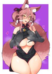 Rule 34 | 1girl, animal ears, bare shoulders, black gloves, blush, breasts, china dress, chinese clothes, clothes lift, dress, elbow gloves, fate/grand order, fate (series), fox ears, fox tail, glasses, gloves, highres, koyanskaya (chinese lostbelt outfit) (fate), koyanskaya (fate), large breasts, long hair, looking at viewer, navel, nokogiriotoko, open mouth, pink hair, simple background, solo, tail, tamamo (fate), tongue, tongue out, underboob, yellow eyes