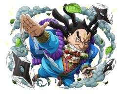 Rule 34 | 1boy, black hair, crescent, japanese clothes, leaf, looking at viewer, mouth hold, official art, one piece, one piece treasure cruise, raizo (one piece), salute, scroll, shuriken, solo, teeth, weapon