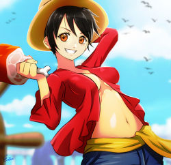 Rule 34 | 1girl, arm up, bird, black hair, blue pants, blue sky, blurry, blurry background, breasts, cleavage, cloud, day, esther shen, food, genderswap, genderswap (mtf), grin, hat, holding, holding food, long sleeves, looking at viewer, medium breasts, midriff, monkey d. luffy, navel, one piece, open clothes, open shirt, orange eyes, outdoors, pants, red shirt, scarf, shirt, short hair, signature, sky, smile, solo, stomach, straw hat, sun hat, yellow hat