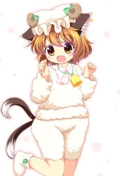 Rule 34 | 1girl, animal costume, animal ears, bell, brown eyes, brown hair, cat ears, cat tail, chen, ear piercing, earrings, fang, hat, horns, jewelry, mob cap, multiple tails, nekomata, open clothes, open mouth, piercing, pila-pela, sheep costume, sheep horns, single earring, smile, solo, tail, touhou