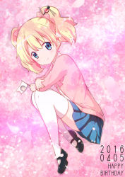 Rule 34 | 10s, 1girl, 2016, alice cartelet, black footwear, blonde hair, blue eyes, blue skirt, bow, bowtie, cherry blossoms, closed mouth, dated, eyebrows, flag, from side, full body, hair bow, hair ornament, hair stick, hand on own arm, happy birthday, holding, holding own arm, jacket, kin-iro mosaic, knees up, long sleeves, mary janes, miniskirt, open clothes, open jacket, petals, pink background, pink bow, pink bowtie, pink jacket, pink shirt, pleated skirt, ragho no erika, shirt, shoes, simple background, skirt, smile, solo, tareme, thighhighs, white shirt, white thighhighs, zettai ryouiki