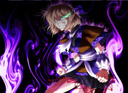 Rule 34 | 1girl, angry, arm warmers, blonde hair, clenched hand, clenched teeth, constricted pupils, female focus, flaming eye, furious, green eyes, messy hair, mizuhashi parsee, pointy ears, purple theme, scarf, short hair, solo, teeth, touhou, warugaki (sk-ii)