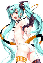Rule 34 | 1girl, alice (queen&#039;s gate), aqua hair, arm strap, ass, bad id, bad pixiv id, bar censor, black gloves, black thighhighs, censored, fang, female focus, gloves, hair ornament, long hair, open mouth, panties, queen&#039;s blade, queen&#039;s gate, red eyes, ruuto (sorufu), simple background, smile, solo, tail, thigh strap, thighhighs, topless, twintails, underwear, underwear only, white background, white panties