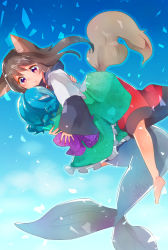 Rule 34 | 2girls, absurdres, animal ears, barefoot, blue hair, blue sky, brooch, brown hair, day, dress, drill hair, fingernails, fins, flying, head fins, head on chest, highres, hug, imaizumi kagerou, japanese clothes, jewelry, kimono, layered dress, long fingernails, long hair, looking at another, mermaid, monster girl, multiple girls, nail polish, red eyes, sharp fingernails, short hair, shukinuko, sky, tail, touhou, twin drills, wakasagihime, wolf ears, wolf tail