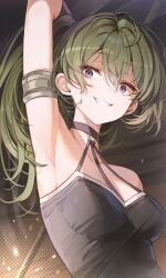 Rule 34 | 1girl, absurdres, arm behind head, arm up, armlet, armpits, bare shoulders, black choker, black dress, breasts, choker, commentary request, dress, green hair, hair between eyes, highres, long hair, looking at viewer, misyune, purple eyes, side ponytail, smile, solo, sousou no frieren, teeth, ubel (sousou no frieren), upper body