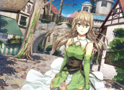 Rule 34 | 00s, 1girl, aria (seiken no blacksmith), bad id, bad pixiv id, bare shoulders, brown eyes, brown hair, building, corset, day, dress, earrings, elbow gloves, gloves, green dress, green gloves, house, jewelry, long hair, looking at viewer, luna (reclaimed land), moss, outdoors, pavement, plant, seiken no blacksmith, solo, standing, tree, underbust, very long hair, village