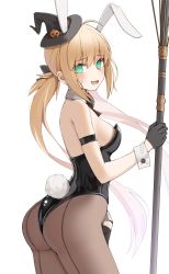 Rule 34 | 1girl, absurdres, ahoge, animal ears, artoria caster (fate), artoria pendragon (fate), ass, black gloves, black leotard, blonde hair, blush, breasts, brown pantyhose, detached collar, fake animal ears, fate/grand order, fate (series), gloves, green eyes, hat, highleg, highleg leotard, highres, kopaka (karda nui), leotard, long hair, looking at viewer, medium breasts, mini hat, open mouth, pantyhose, playboy bunny, rabbit ears, rabbit tail, smile, solo, staff, tail, thighs, twintails, wavy mouth, white background, witch hat, wrist cuffs
