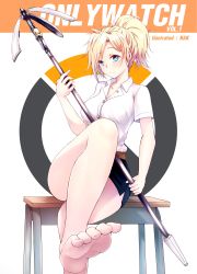 Rule 34 | 1girl, absurdres, barefoot, belt, blonde hair, blue eyes, blue skirt, breasts, casual, collarbone, collared shirt, cover, cover page, crossed legs, desk, feet, foot focus, foreshortening, high ponytail, highres, holding, holding staff, logo, looking at viewer, medium breasts, mercy (overwatch), miniskirt, nakatokung, on desk, overwatch, overwatch 1, patreon, ponytail, shirt, short sleeves, simple background, sitting, on desk, skirt, smile, soles, solo, staff, toes, watermark, web address, white background, white shirt