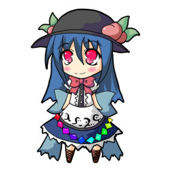 Rule 34 | 1girl, :3, black hat, blue dress, blue hair, blush, boots, brown footwear, chibi, cross-laced footwear, dress, female focus, food, food on head, fruit, fruit on head, full body, hat, hinanawi tenshi, keystone, kuga takuto, lace-up boots, leaf, long hair, object on head, peach, puffy short sleeves, puffy sleeves, red eyes, short sleeves, simple background, smile, solo, touhou, white background